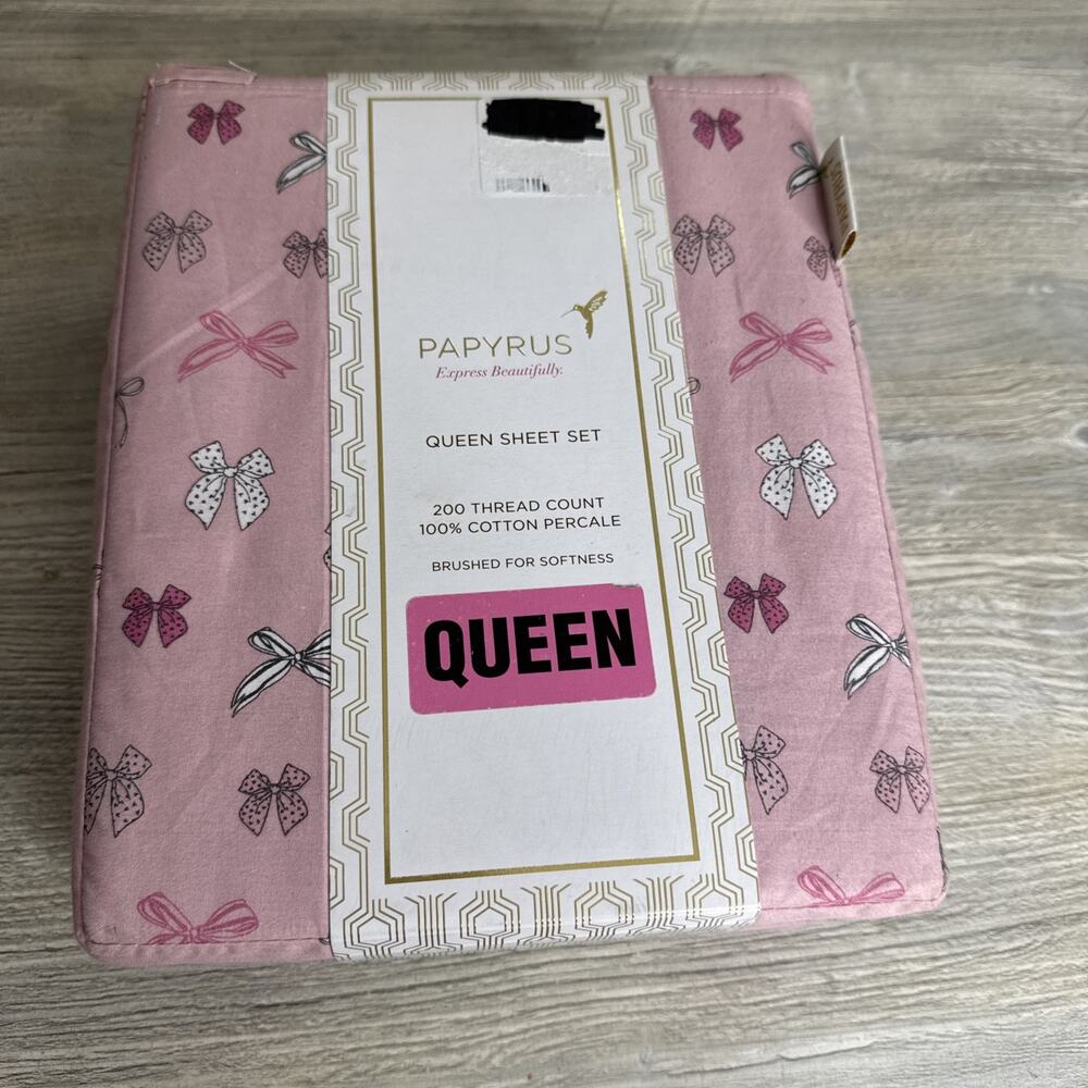 Papyrus Queen Sheet Set 100% Cotton Percale Pink White Vogue Bows Design NEW